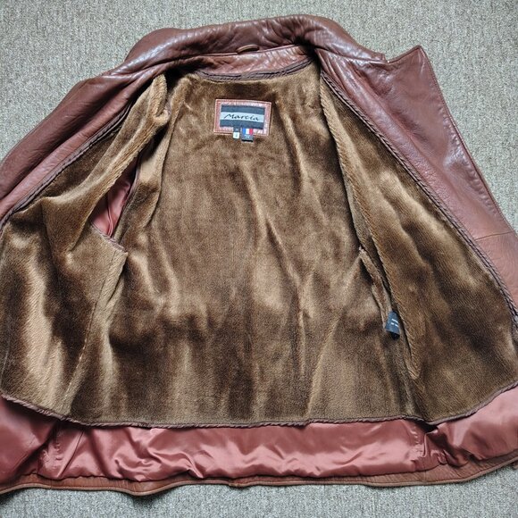 Vintage MARCIA French Lamb Leather Jacket Women 2X Brown Faux Fur Liner Full Zip - Picture 2 of 10